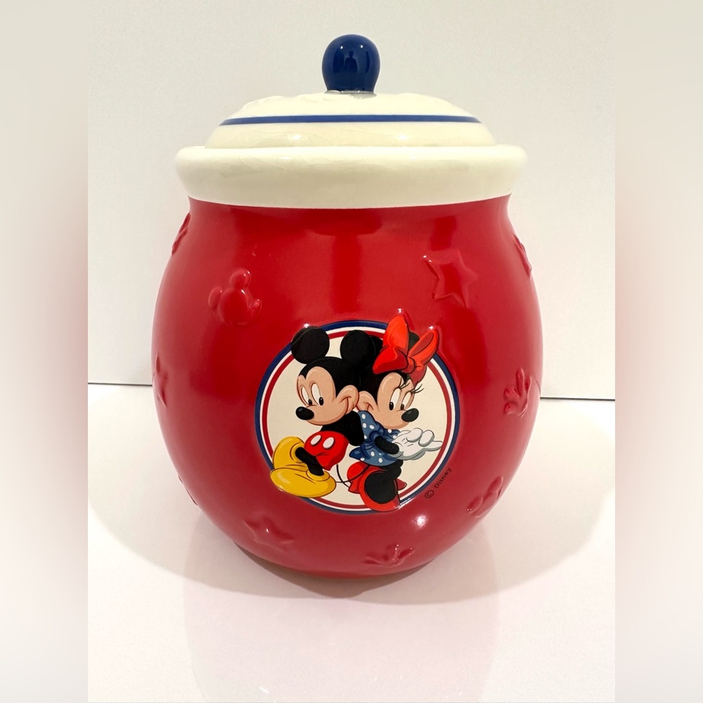 Vintage Disney Mickey and Minnie Mouse Red White & Blue Ceramic Cookie Jar-7”